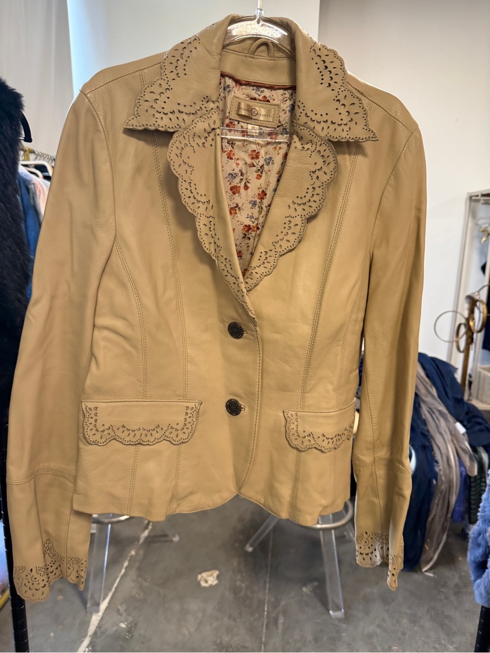 Wilson’s Vintage Beige Scalloped laser cut Lambskin Jacket with statement cuffs